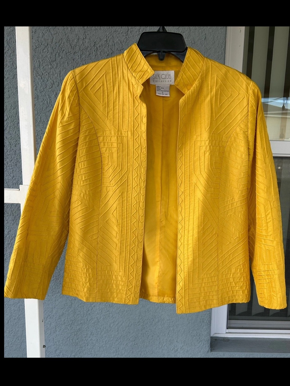 Silk Club Collection 100% Silk Textured Geometric Pattern Open Front Blazer Sm